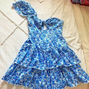 One shoulder strap blue dress